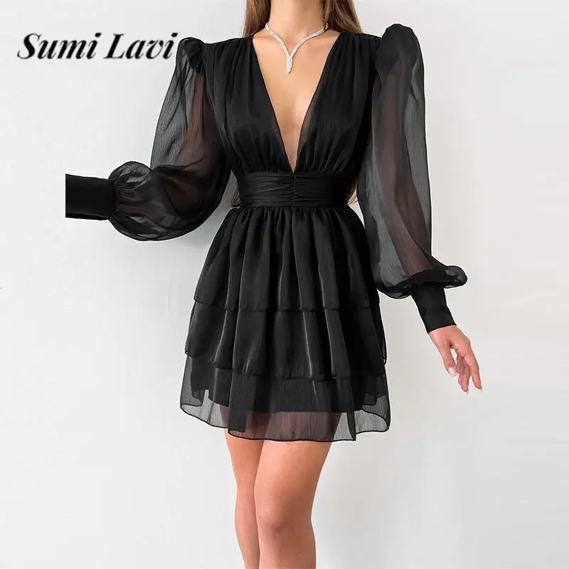 

2023 French Puff Sleeves Princess Dress Sweet Women Solid Color Layered Cake Mini Dress Sexy Deep V Waisted A-Line Party Dresses