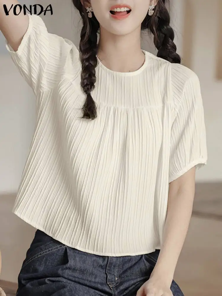 

VONDA Summer Fashion Tops Women Elegant Blouse 2023 O-Neck Solid Color Shirts Casual Loose Short Puff Sleeve Blusas Femininas
