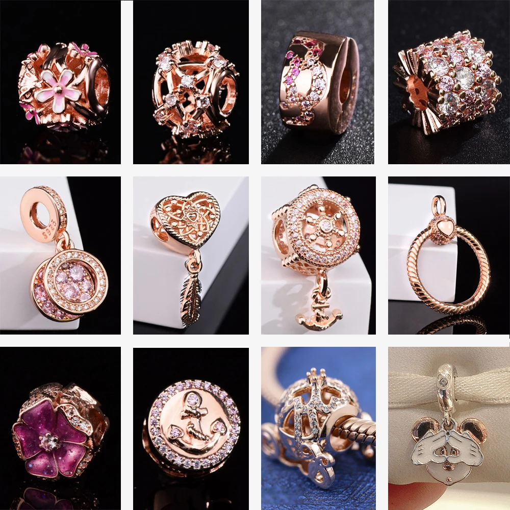 

Rose Gold 925 Sterling Silver charms Sparkling Leaf Flower Dangle Charms fit Original Pandora Bracelets Women DIY Jewelry