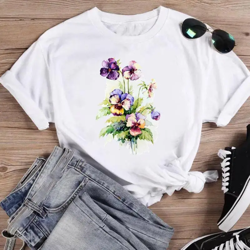

Print Fashion Women Cartoon Short Sleeve Graphic T Top Summer Watercolor Flower Sweet Shirt Tshirts Regular Female Tee T-Shirt