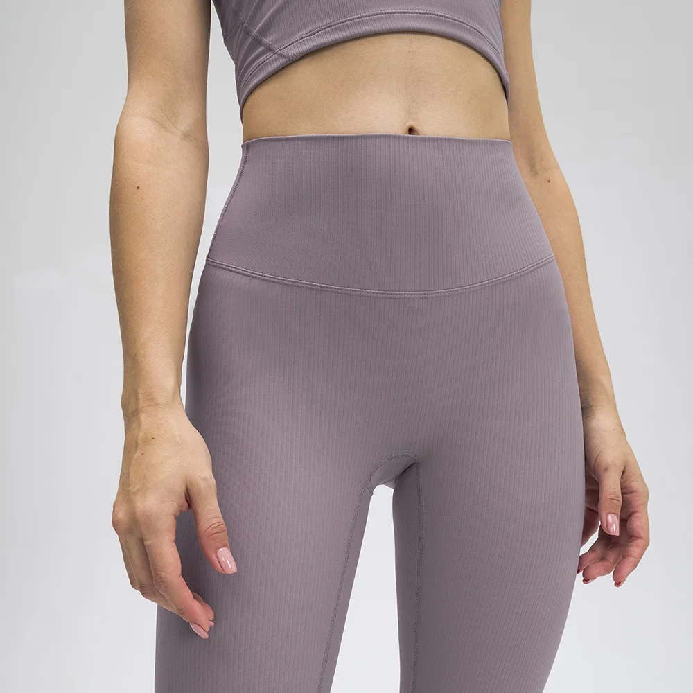 

25" RIBBED High Waist Yoga Pants Fitness Athletic Logo Printed Leggings Women Anti-sweat No Camel Toe Workout Gym Sport Tights