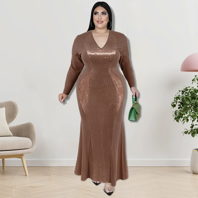 Plus Size 2023 Elegant Glitter v Neck 4xl 5xl Dress Sexy Long Sleeve Club Fashion Evening Party Dresses Autum 3xl 4xl 5xl 6xl