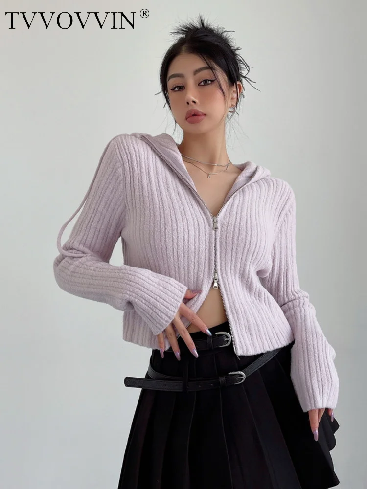 

Mohair Double TVVOVVIN Zipper Hooded Slim Knit Cardigan Short Skinny Long Sleeve Sweater Fashion Women Tops Autumn Winter 240G
