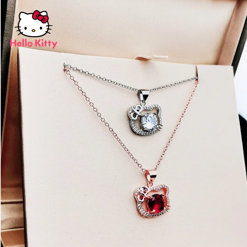 

Hello Kitty Kuromi Necklace Cartoon Pendant Diamond Colored Gemstone Daily All-match Ultra-fine Metal Chain Women Charm Jewelry