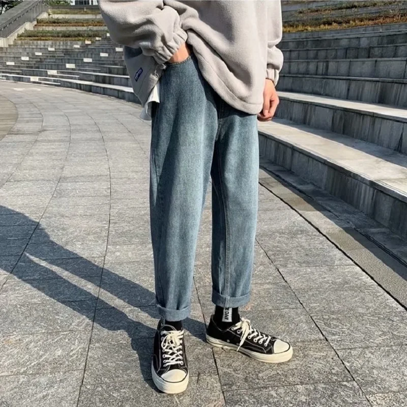 

Ins All-match Simple Nine-point Jeans Men's Spring/Autumn Students Comfortable Loose Straight Casual Pants Korean style clothes