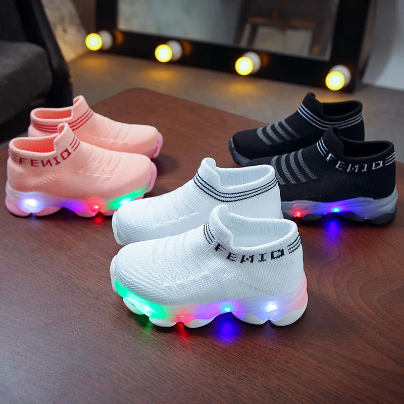 

New Kids Sneakers Kids Baby Girls Boys Letter Mesh LED Lighted Socks Sports Running Sneakers Shoes Sapato Infantil Lighted Shoes