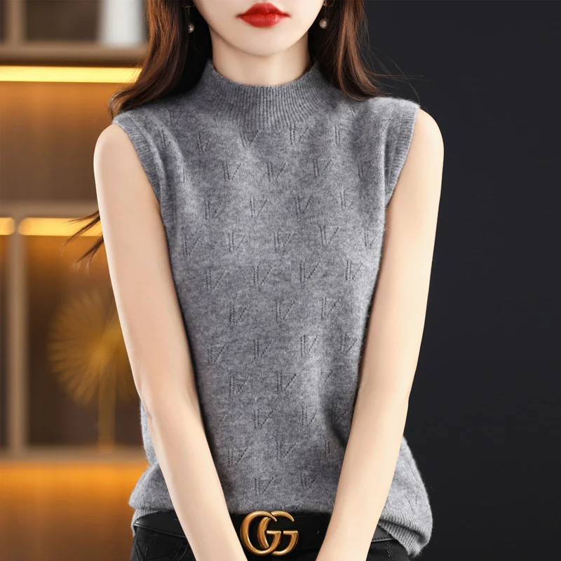 

Semi-high-necked women's new style with 100% pure wool sleeveless T-shirt solid color simple pullover knitted bottoming shirt wo