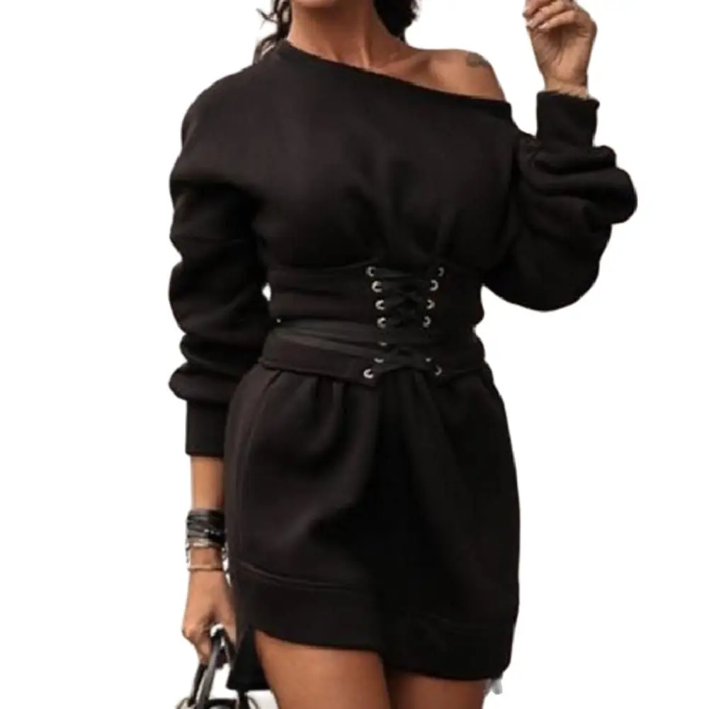 

Sexy Slim High Waist Lace Up Mini Dress O-Neck Long Sleeve Sweatshirt Dress High Low Hem Loose Female dress платье женское
