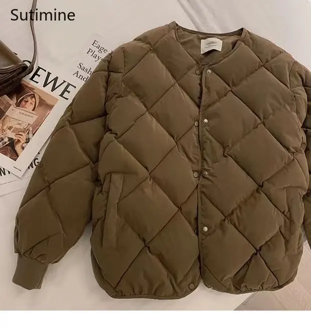 Black Down Cotton O-Neck Short Cotton Jacket for Women Pagoda Sleeve Office Lady Winter Coat for Women Korean Coat Women