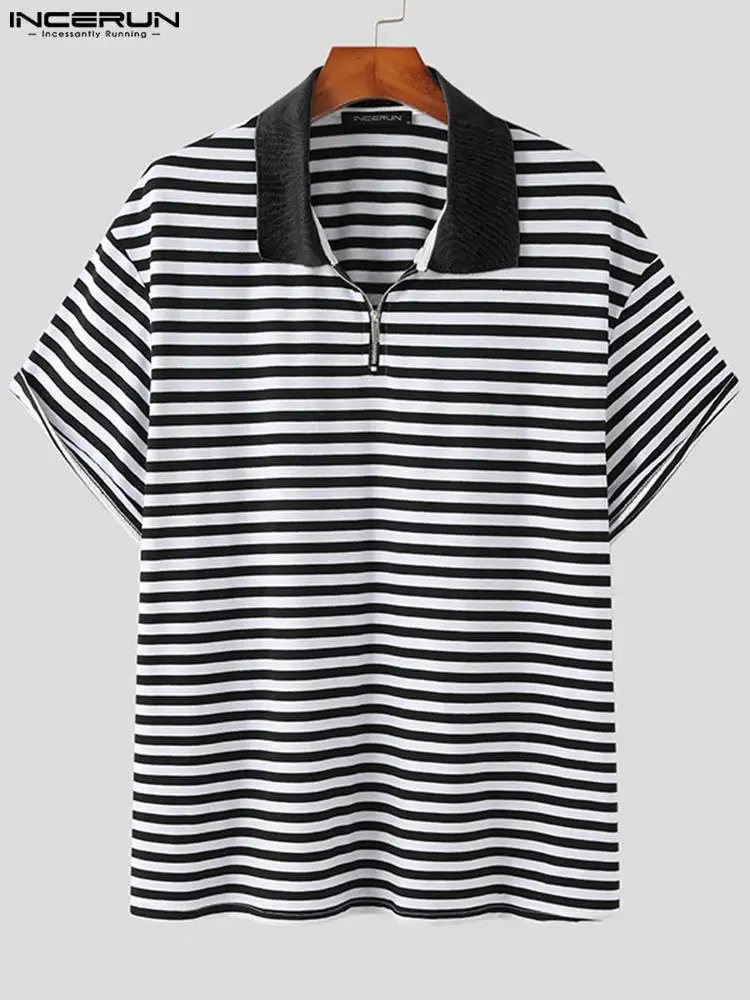Casual All-match Tops INCERUN Korean Style New Men Knitted Striped Contrast Collar Blouse Stylish Male Short Sleeve Shirts S-5XL