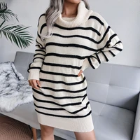 winter striped long sleeve sweater dresses for women turtleneck casual loose mini dress female buttocks pencil knitting dress