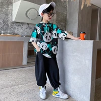 bear print pajamas set kids clothes short sleeve and shorts casual clothes round neck clothing black children summer cotton set