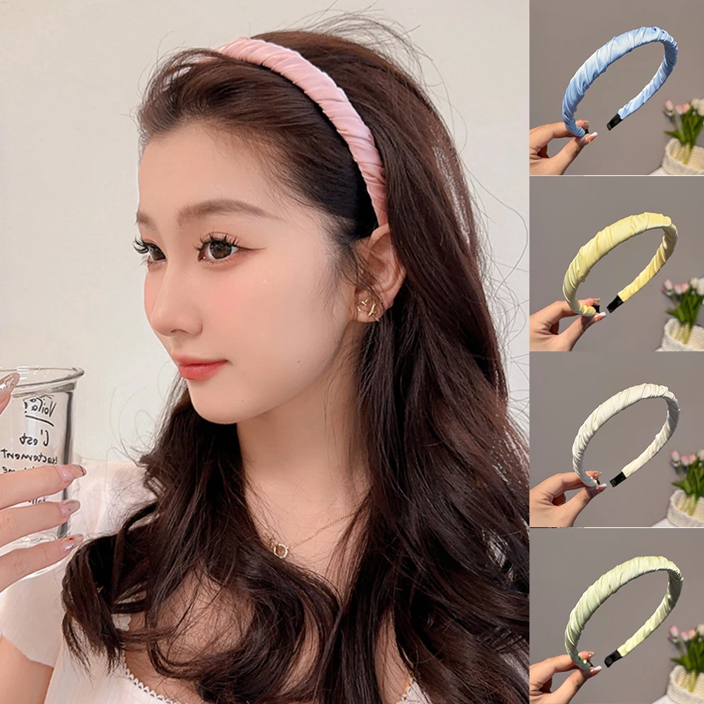 

Fashion Satin Pleated Headbands For Women Solid Color Thin Hair Band Wrinkled Hair Hoop Girls Sweet Headwear Hair Accessories