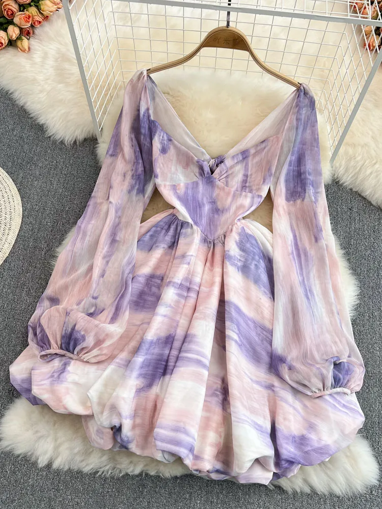 

Women 2022 Spring Seaside Vacation Backless Long Sleeve Tie-Dye Bow V-Neck Chiffon High Waist Fairy Dress vestidos female D0742