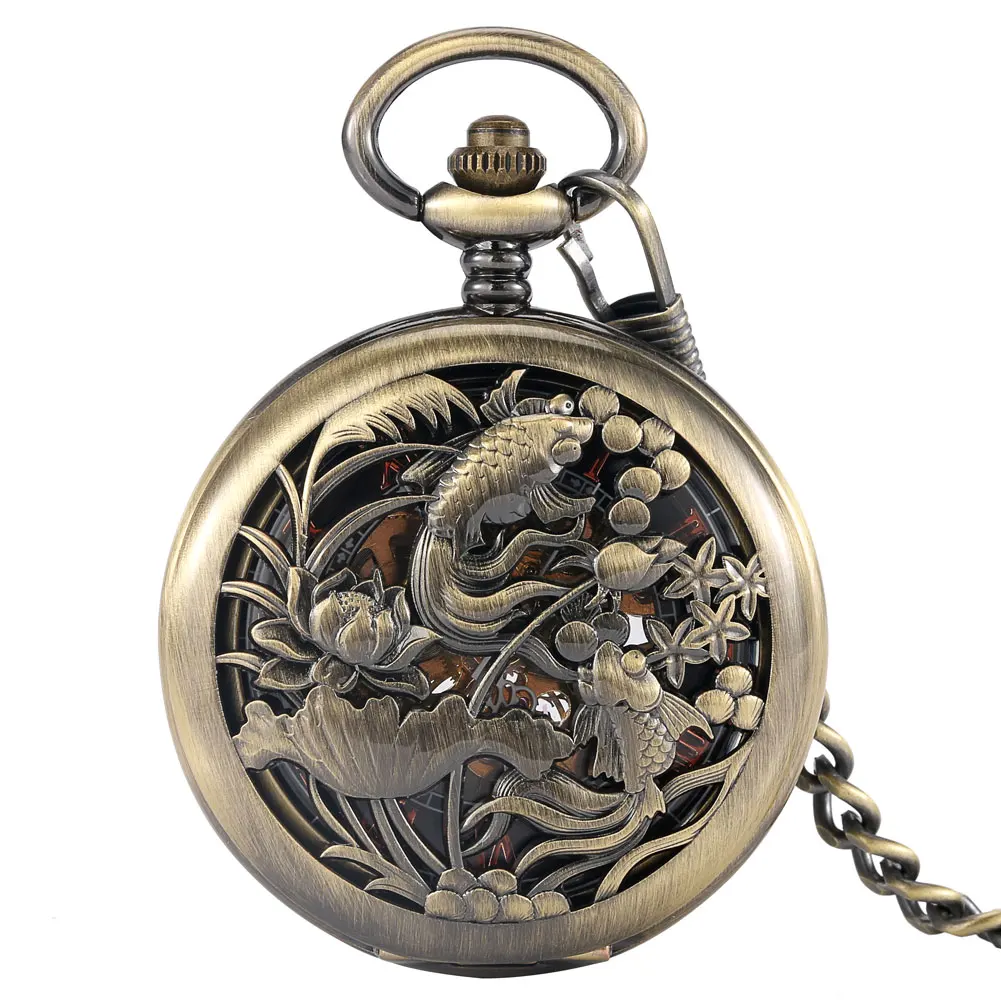 

Vintage Antique Bronze Hollowed Out Men's Pocket Watch Pisces Manual Mechanical Roman Digital Surface Creative Pendant Watches