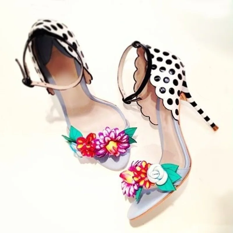 

Босоножки женские в горошек, пикантные сандалии с цветочным принтом, ремешком на щиколотке, кожаные туфли с цветочным принтом для вечеринки, разноцветные туфли для банкета