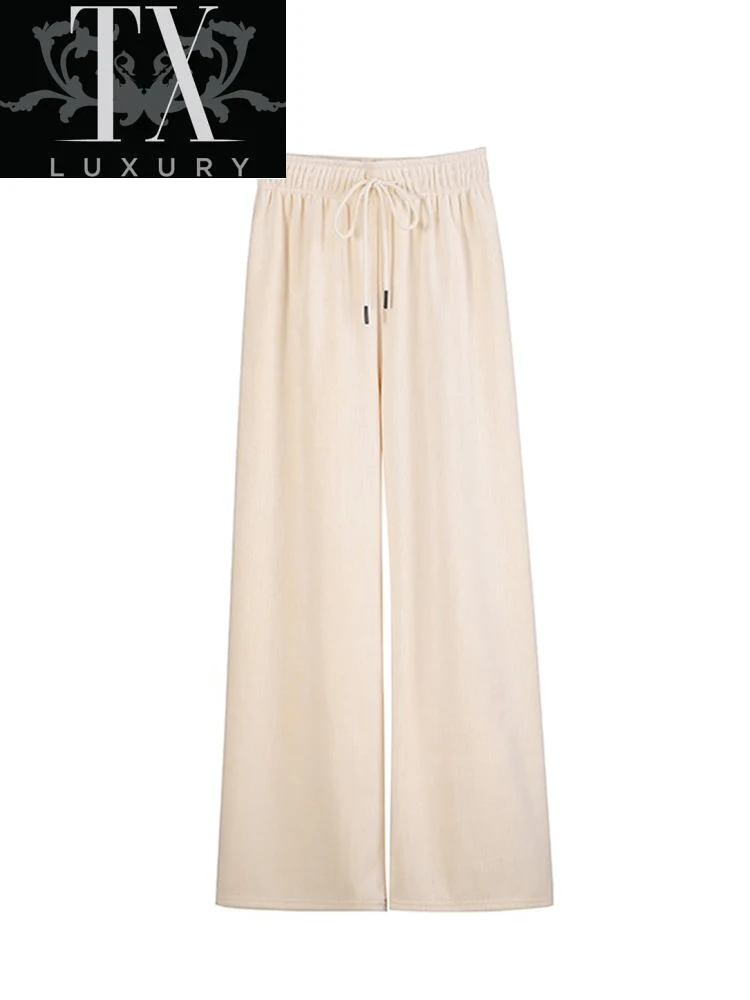 

Soft Comfort Women 2022 Summer New High Waist Casual Loose Wide Leg Pants Solid Fashion All-Match Lace Up Trousers Basic