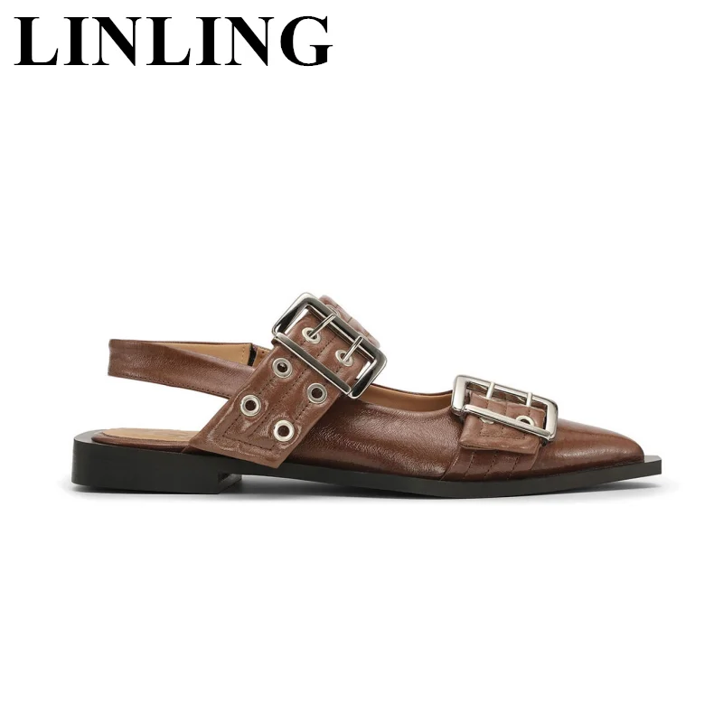 

Fashion Buckle Straps Flat Shoes Women Luxury Designer Leather Slingback Casual Shoes Pointed Toe Ballerinas Zapatos Mujer 2023