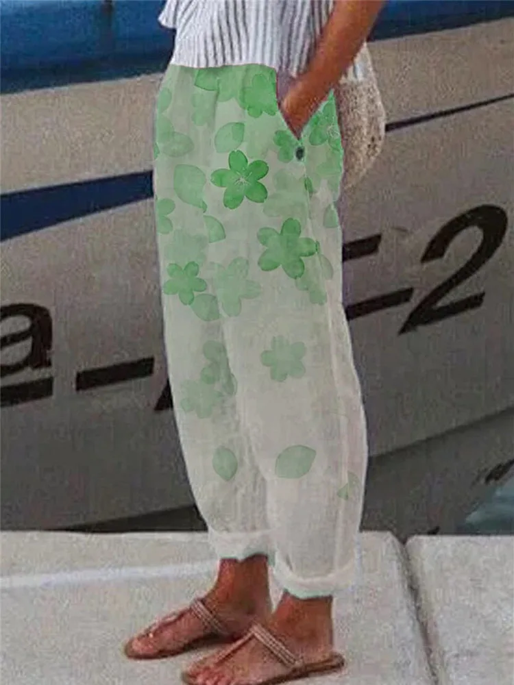 

Female Vintage Cotton Linen Loose Pant Casual All-match Floral Print Midi Waist Trousers 2022 Pocket Sweatpants Beach Long Pant
