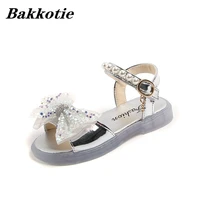 girls princess sandals 2022 summer baby kids flats fashion party dress beach shoes patent toddler glitter pearl bow soft sole