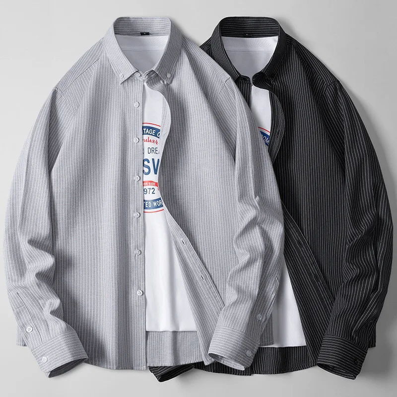 

Asian size 2023 Spring New Korean Men's Oxford Textile Shirt Long Sleeve Fashion Trend Handsome Striped man white Blouse top
