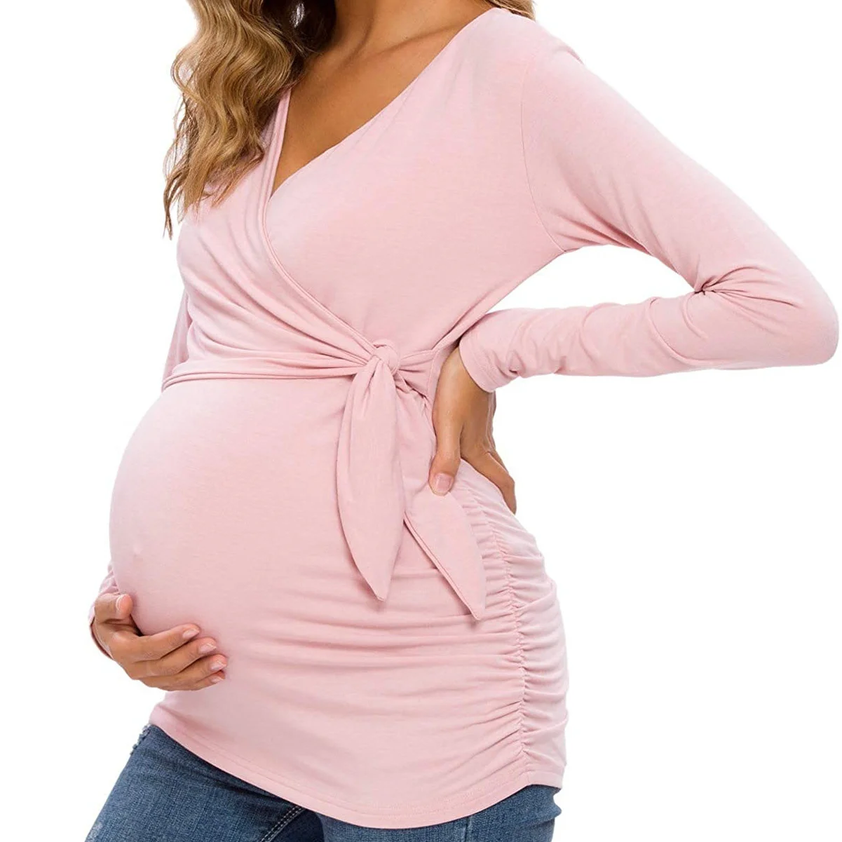 

Women Long Sleeve Tees Maternity Summer Tops Pregnant Wrap Breastfeeding Clothes Solid Color Tops For Pregnancy Blouses Tops