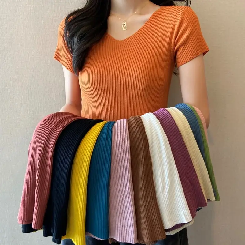 

Summer V-neck ice silk sweater slim fit all-match spring and autumn thin top clothes solid color t-shirt women's short sleeves