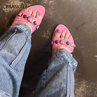 2022 kitten heel slingback sandals open toe metal buttons leather slip on slippers ladies summer outdoor stiletto heel mules