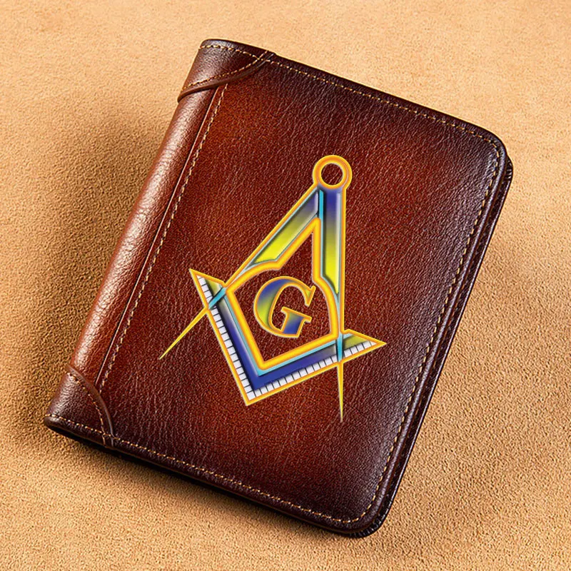 

High Quality Genuine Leather Men Wallets Free and Accepted Masons Printing Short Card Holder Purse Billfold Men's Wallet