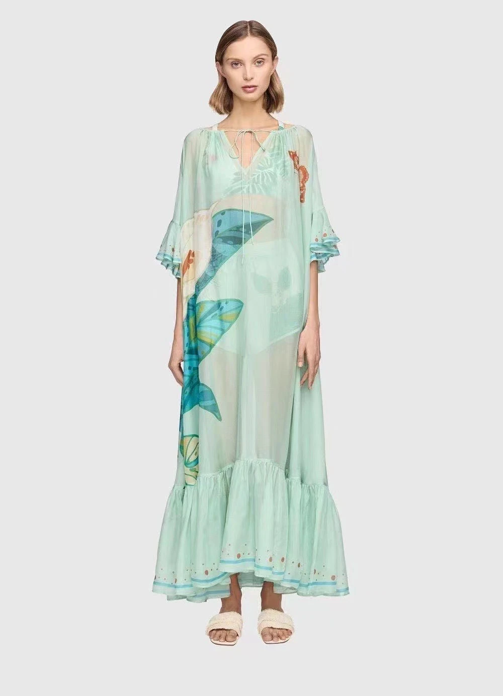 

Women 100% Silk Digital Print Loose Long Dress with Camisole