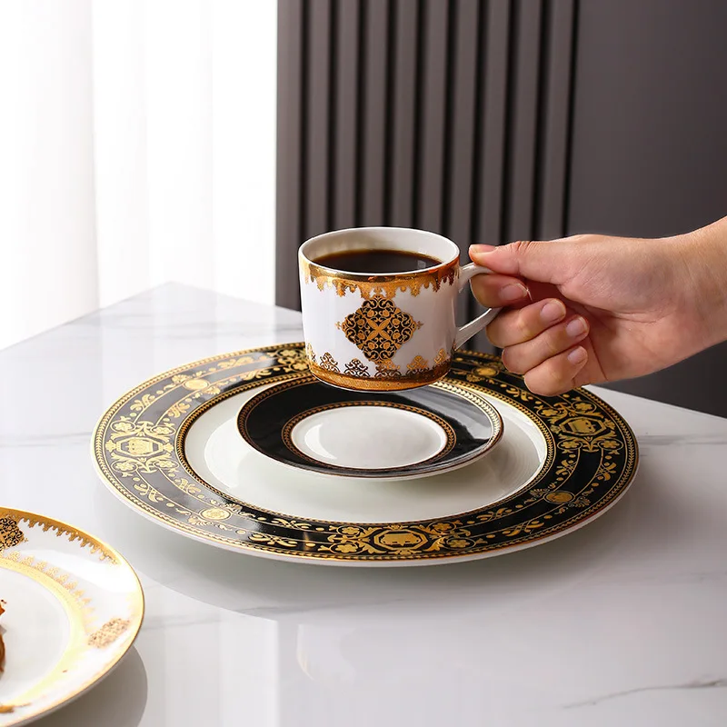 Фото Модель тарелки для стейка из костяного фарфора, украшение комнаты, черная посуда в западном кухне, тарелки, чашки для кофе и чая №3