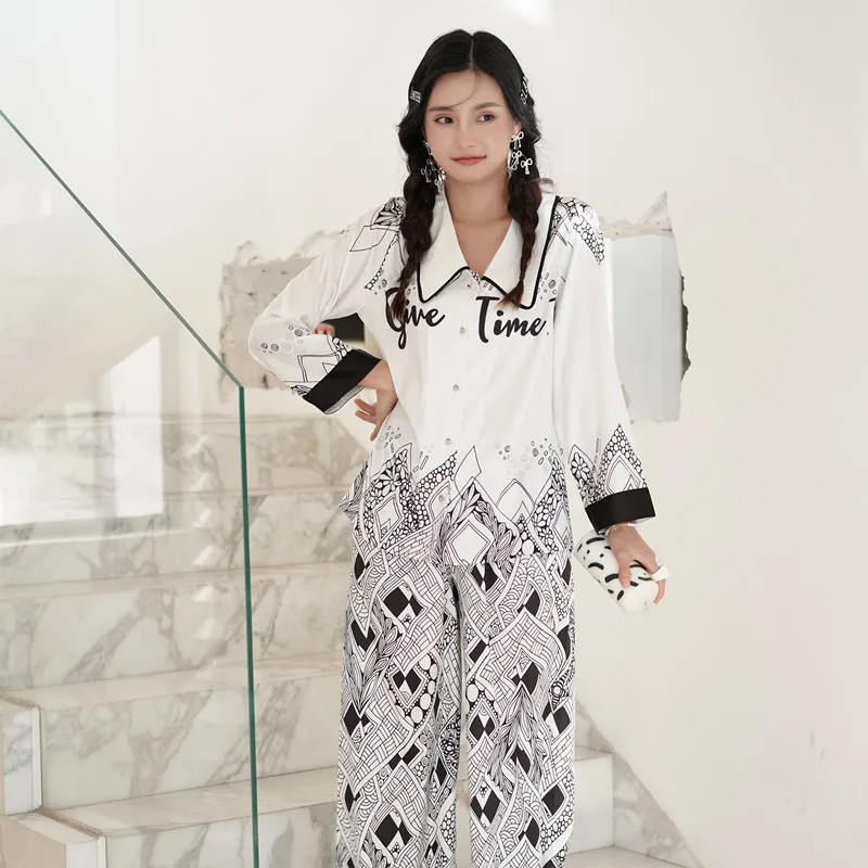 New ice silk pajamas women's fresh twist print long-sleeved comfortable home pajama set