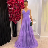 chic a line sleeveless lavender prom dress with pleats v neck backless long evening gowns floor length tulle banquet dress
