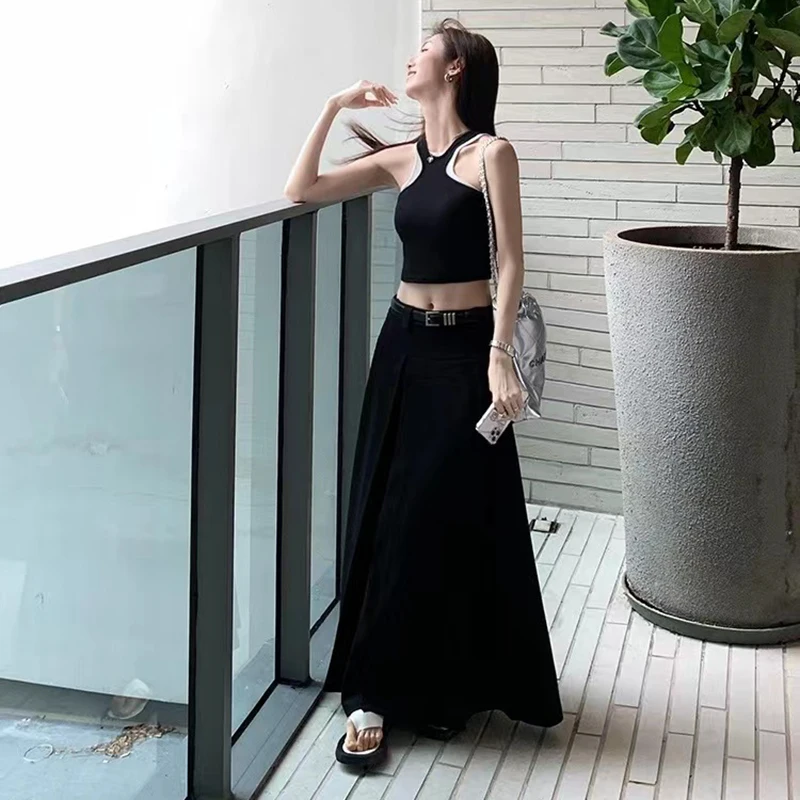 Черная плиссированная юбка с высокой талией Осенний корейский элегантный