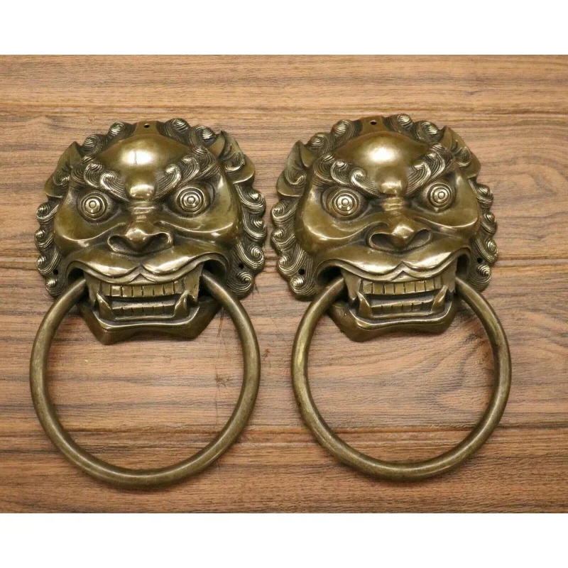 

10,4 "Редкий Старый Китайский медный фэн-шуй дверь Лев чудовище фотостатуя пара