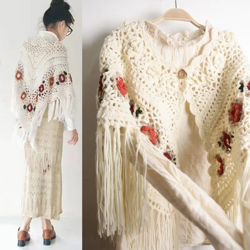 

Spring Autumn Women Japan Style Mori Girls Hollow Out Tassels Natural Fabric Comfortable Knitting Cotton Scarf Triangle Tippet