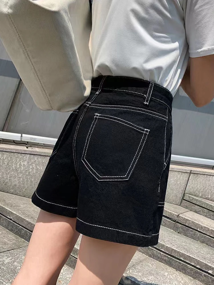 New Spring Summer Women High Waist Loose Black Denim Shorts Streetwear Female Wide Leg Retro Jeans Shorts Bottoms