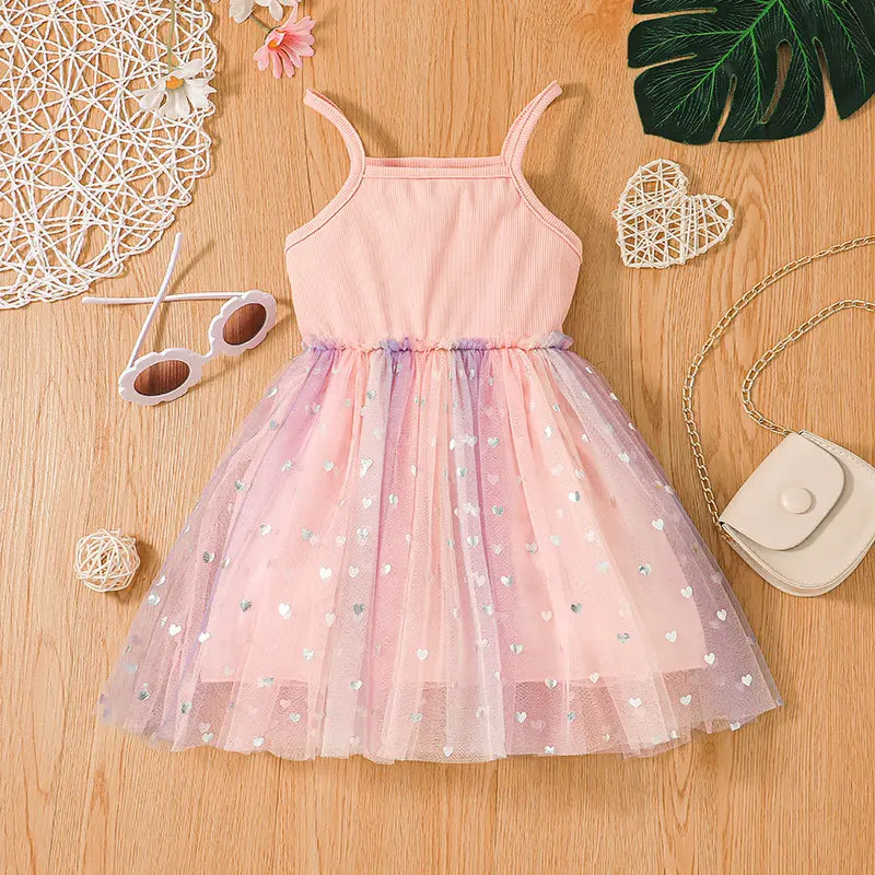 

Summer 2022 New Arrivals Girls Cotton Strap Star Sequin Pink Patchwork Roupa Infantil Menina Cute Party Dress Custume 18M-6T