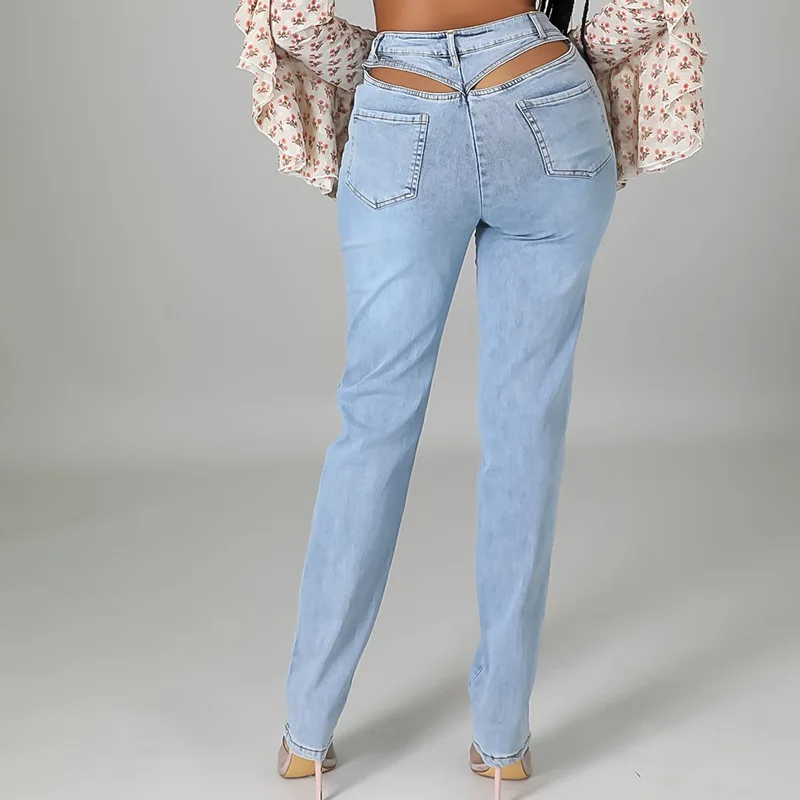 

Summer Sexy Jeans High Waist Washed Skinny Pencil Denim Pants Trousers Back Waist Hollow Sexy Stretch Jeans for Women Jeans