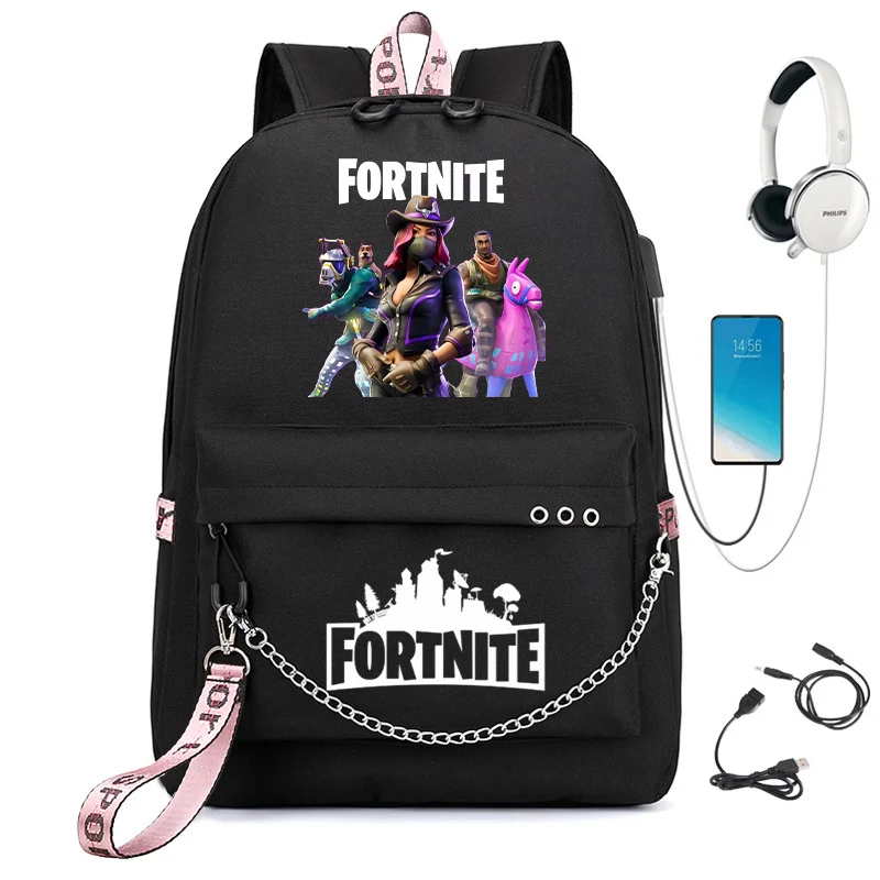 Фото Стильный корейский рюкзак Fortnite с принтом, тканевый, с металлической цепочкой, встроенным USB-портом, водонепроницаемый, легкий, для путешествий и хранения вещей №2