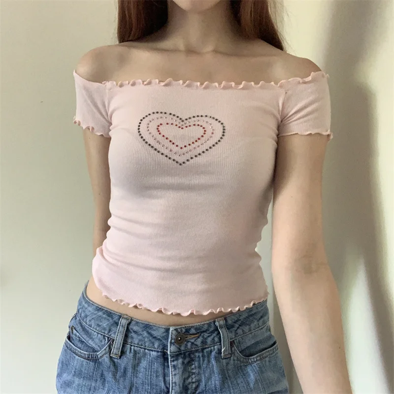 

Hirigin Kawaii с открытыми плечами и коротким рукавом футболки с рисунком сердца и бриллиантов укороченные топы Y2K волшебный гранж корейские модн...