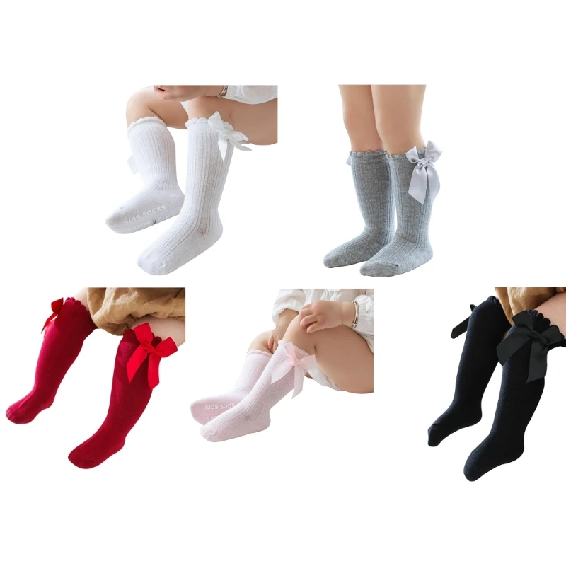 

Y55B Baby Girls Medium Socks Anti Slip Sock Bow-Stitched Toddler Breathable Long Sock Cable Knit Tube Colorful Sock for Gril