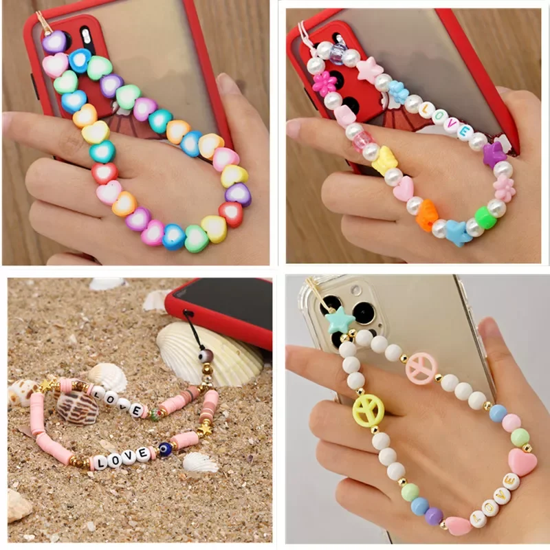 

2021 Bohemian Color Mobile Phone Strap Lanyard Colorful Smile Pearl Soft Pottery Rope for Cell Phone Case Hanging Cord for Women