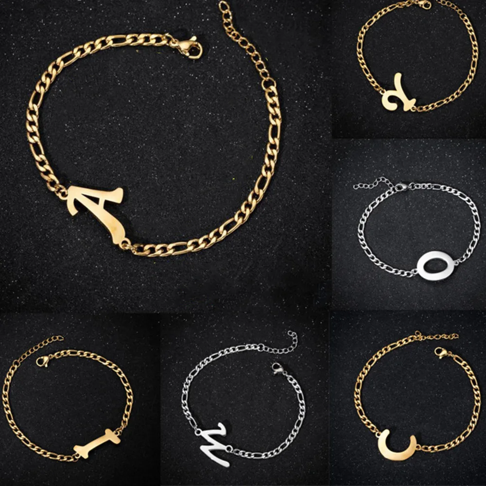 

HUHUI Custom A-Z Letter Bracelets Personality Nameplate Stainless Steel Figaro Chain Jewelry For Woman Anniversary Gifts