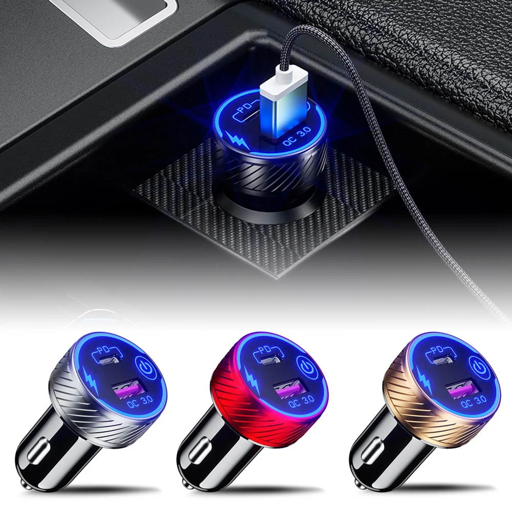 

18W PD Car Charger Touch Switch with Aperture QC3.0 Fast Car Adapter Triple Aluminum Metal Car Charger Socket
