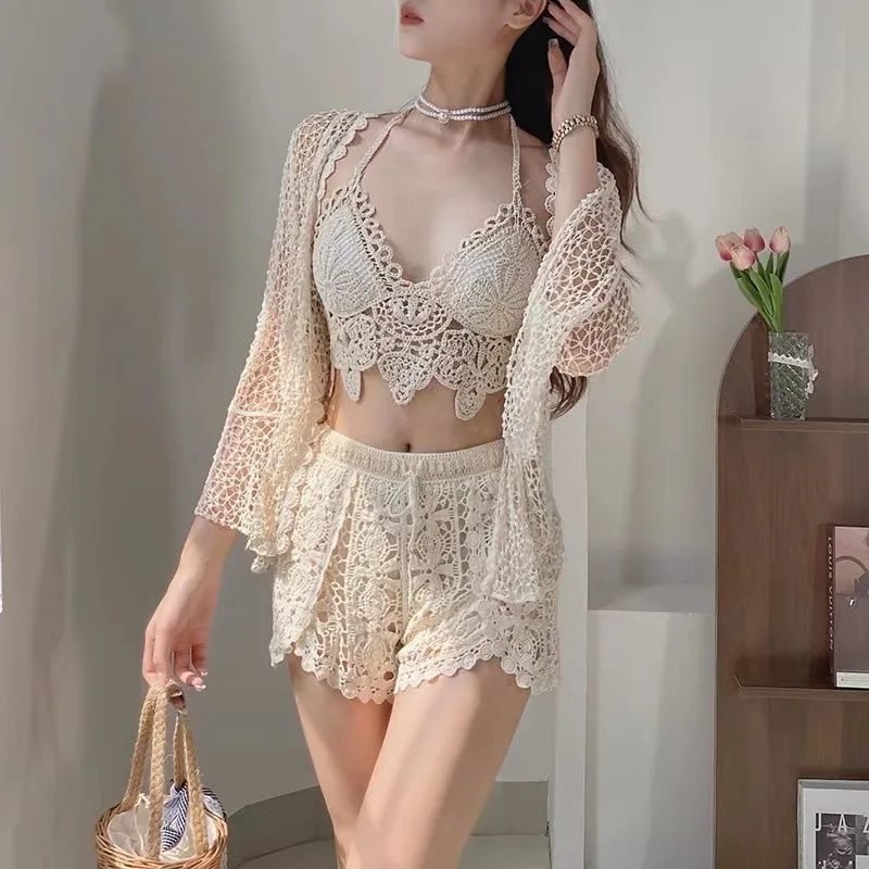 

Three-piece Nightclub Vacation Hot Spring Beach Bathing Suit Bikini Sexy Tightening Gathered Sling Sunscreen Shirt Beachwear