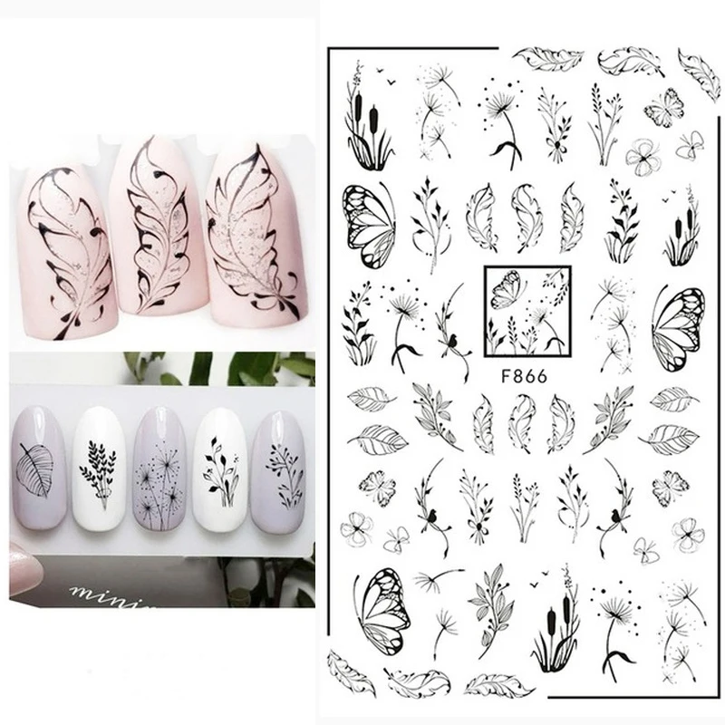 

Back Glue 3D Nail Stickers Transparent White Black Florals Butterflys Nail Decals Decoration For Nail Art Manicure Beauty