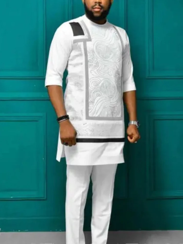 Muslim Fashion Men Suit African Arab Ethnic Style Digital Printing Long-sleeved Set Kurta Men Arabic Shirt European Clothing