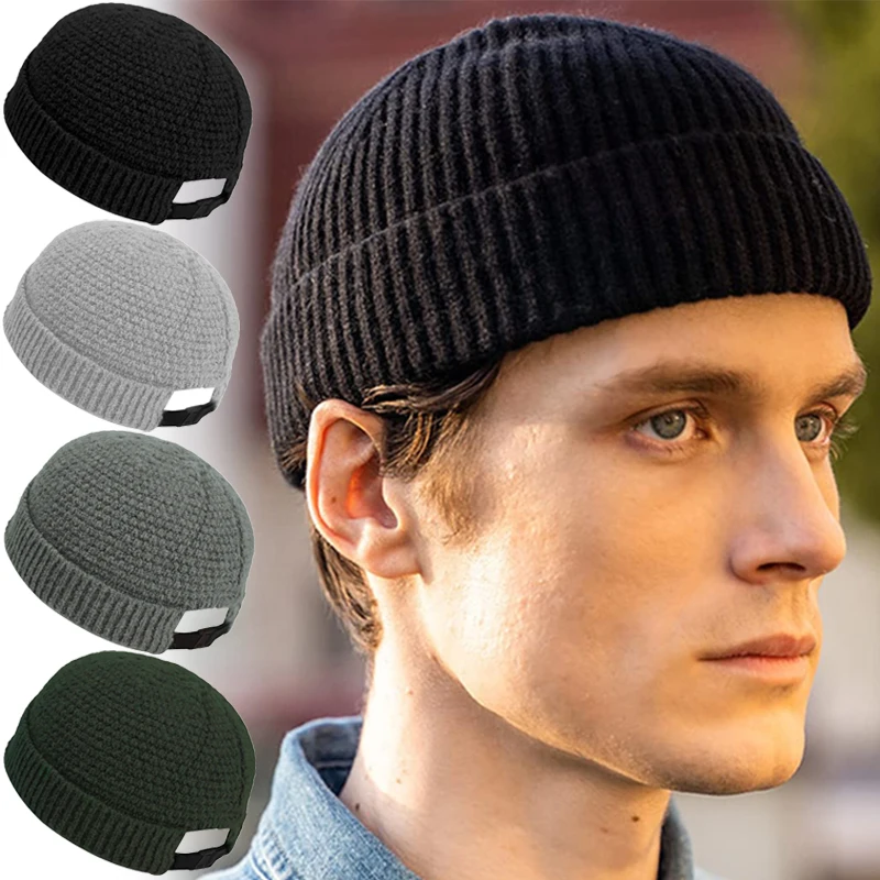 

Solid Bonnets Men Autumn Winter Warm Knit Hats Rolled Edge Beanies Acrylic Adjustable Elastic Buckle Women Outdoor Skullies Caps