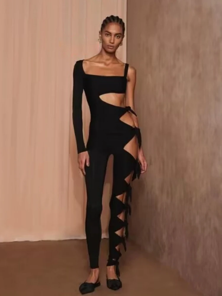 

Женский Облегающий комбинезон на одно плечо, черный Ажурный комбинезон из искусственного шелка с длинным рукавом и открытой спиной в стиле Звезд